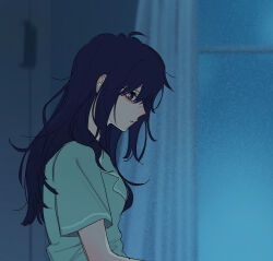  1girl black_hair cho_kaguya-hime! commentary_request curtains from_side green_pajamas highres long_hair looking_down messy_hair neeuhn pajamas profile sakayori_iroha short_sleeves solo upper_body 