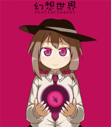  1girl album_cover album_name asymmetrical_sidelocks black_hair black_skirt brown_hair collared_shirt cover holding holding_orb looking_at_viewer lowres medium_hair nanatsume necktie orb pink_background red_necktie shirt sidelocks skirt smile solo straight-on touhou translation_request tumeneco upper_body usami_renko white_shirt 