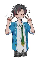  +++ 1boy black_hair blazer blue_jacket buttons clenched_teeth closed_eyes collared_shirt commentary_request cropped_legs curtained_hair double_v ensemble_stars! facing_viewer green_necktie hands_up highres jacket ka_howareyou korean_commentary lapels layered_clothes male_focus multicolored_hair nagumo_tetora necktie notched_lapels open_clothes open_jacket pants plaid_clothes plaid_pants red_hair school_uniform shirt short_hair simple_background sleeves_rolled_up smile solo streaked_hair teeth two-tone_hair v white_background white_shirt wing_collar yumenosaki_school_uniform 