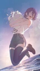  1girl bare_shoulders black_hair black_thighhighs chainsaw_man choker closed_eyes commentary flower highres holding holding_flower jumping ocean open_mouth pants reze_(chainsaw_man) short_hair shorts sirium924 sky smile solo sun sunlight thigh-highs untranslatable_commentary vest waves 