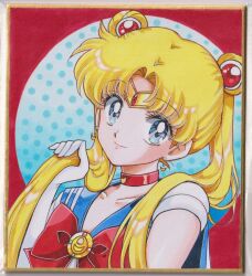  1girl bishoujo_senshi_sailor_moon blonde_hair blue_eyes blue_sailor_collar bow breasts chikoto_(kztc4472) choker closed_mouth collarbone commentary crescent crescent_choker crescent_earrings double_bun earrings elbow_gloves full_moon gem gloves gold_tiara hair_bun hair_ornament hand_up head_tilt highres holding_own_hair jewelry leotard lone_nape_hair long_hair looking_at_viewer magical_girl medium_breasts moon parted_bangs photo_(medium) picture_frame red_background red_bow red_choker red_gem sailor_collar sailor_moon sailor_senshi_uniform short_sleeves smile solo tiara traditional_media transformation_brooch_(sailor_moon) tsukino_usagi twintails upper_body white_gloves white_leotard 
