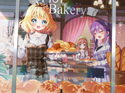 3girls baguette bakery black_bow blonde_hair blush bow bread brown_dress brown_hair chocolate_cornet cinnamon_roll closed_eyes commentary_request cowboy_shot curtains diagonal-striped_shirt display_case dress english_text flower-shaped_pupils food from_outside gochuumon_wa_usagi_desu_ka? green_eyes green_scarf hair_bow headscarf holding holding_tongs holding_tray hoto_mocha indoors kirima_syaro long_hair long_sleeves looking_at_another looking_outside melon_bread mozukun43 multiple_girls painting_(object) pinafore_dress plaid_clothes plaid_dress purple_hair purple_shirt scarf shirt shop sleeveless sleeveless_dress smile symbol-shaped_pupils tedeza_rize tongs tray twintails violet_eyes white_shirt wicker_basket 