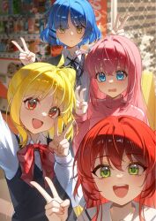  4girls ahoge black_vest blonde_hair blue_eyes blurry bocchi_the_rock! bow bowtie chinese_commentary collared_shirt commentary depth_of_field double_v expressionless frown gotoh_hitori green_eyes hair_intakes hair_ornament hairclip highres ijichi_nijika jacket kita_ikuyo long_hair multiple_girls neck_ribbon open_mouth pink_hair pink_jacket ponytail red_eyes red_hair ribbon school_uniform selfie serafuku shirt short_hair smile sweater_vest teeth track_jacket tujiu_sama upper_teeth_only v vending_machine vest wavy_mouth yamada_ryo yellow_eyes 