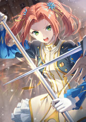  2girls absurdres blue_jacket blue_sleeves churayuki clash commentary_request cropped_jacket dress eleanor_hume fingerless_gloves frilled_dress frills gloves gold_trim green_eyes guest_art hair_ornament hairpin highres holding holding_polearm holding_weapon jacket long_hair looking_at_viewer multiple_girls multiple_hairpins official_art open_mouth pink_hair polearm short_twintails solo sparks standing tales_of_(series) tales_of_berseria teeth twintails upper_teeth_only velvet_crowe weapon white_dress white_gloves 