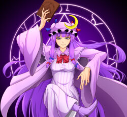 1girl blue_bow blue_ribbon book boots bow bowtie capelet closed_mouth commentary crescent crescent_hat_ornament crossed_legs dress facing_viewer frilled_capelet frills hair_bow hat hat_ornament hat_ribbon hidaruma holding holding_book invisible_chair large_hands long_dress long_hair long_sleeves low_twintails magic_circle mob_cap multiple_hair_bows patchouli_day patchouli_knowledge purple_background purple_boots purple_capelet purple_hair purple_hat purple_robe red_bow red_bowtie red_ribbon ribbon robe sitting solo striped_clothes striped_dress touhou twintails vertical-striped_clothes vertical-striped_dress very_long_hair violet_eyes white_dress wide_sleeves 