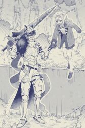  1boy 1girl :d :o animal_ear_helmet animal_helmet armor armored_boots blazer boots bow bowtie breastplate burn_scar bush collared_shirt elbow_pads eye_mask forest full_body gauntlets greatsword greyscale half_eye_mask highres holding_hands j_(reverse:1999) j_(the_lone_wolf's_howl)_(reverse:1999) jacket kneehighs looking_at_another mask mask_over_one_eye matilda_bouanich milmil7 miniskirt monochrome multicolored_hair nature official_alternate_costume one_side_up over_shoulder reverse:1999 scar scar_on_face shirt shoes skirt smile socks standing sweat sword traditional_bowtie walking weapon weapon_over_shoulder 