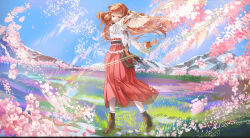  1girl :d absurdres blue_sky boots brown_boots brown_eyes brown_hair clouds commentary_request dancing day floating_hair folding_fan hakama hakama_skirt hand_fan high_heel_boots high_heels highres holding holding_fan japanese_clothes kayou_hinagiku kimono long_hair long_sleeves mosta_(lo1777789) obi outdoors petals red_hakama sash shunkashuutou_daikousha skirt sky smile solo tree very_long_hair white_kimono 