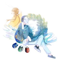  1boy 1girl back-to-back black_robe black_shoes blue_hair blue_shirt brown_hair chinese_clothes closed_mouth collared_shirt commentary_request hagoromo hair_ornament hair_rings hairpin happy highres holding holding_mask invisible_chair jade_(gemstone) jewelry knee_up layered_sleeves long_hair long_sleeves low_twintails male_focus mandarin_collar mask miqing necklace noh_mask original pants peacock_feathers plaid_robe robe see-through_clothes see-through_sleeves shawl shirt shoes short_hair simple_background sitting sleeve_cuffs sleeves_past_wrists smile solo_focus twintails very_long_hair white_background white_mask white_pants wide_sleeves yellow_shirt 