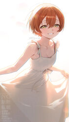  1girl absurdres aoi_(07aoi15) backlighting bare_shoulders blurry blush bokeh bow commentary_request depth_of_field dress highres holding_own_dress hoshizora_rin looking_at_viewer love_live! love_live!_school_idol_project open_mouth orange_hair ribbon short_hair sleeveless sleeveless_dress smile solo spaghetti_strap sunlight white_dress yellow_eyes 