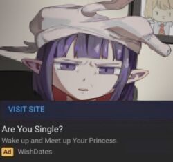  1girl absurdres blonde_hair blunt_bangs chicken_(food) churiro_art commentary english_commentary english_text food food_on_head highres hololive hololive_english indoors looking_at_viewer ninomae_ina'nis object_on_head parted_lips photo-referenced pixelated portrait_(object) purple_hair solo upper_body v-shaped_eyebrows violet_eyes virtual_youtuber watson_amelia 