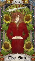  1boy bird blood blue_border blue_sky border card_(medium) closed_mouth clouds cloudy_sky collarbone commentary_request cowboy_shot english_text fish floral_background floral_border flower flower_ornament grass green_eyes hair_between_eyes hair_over_one_eye highres ian_(unholymilk) long_hair long_sleeves looking_at_viewer lying male_focus on_back original own_hands_together red_hair red_robe reflection robe sky solo straight-on sun sunflower sword tarot tarot_(medium) thai_commentary the_sun_(tarot) unholymilk water weapon wheat_field white_flower 