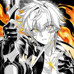  1boy absurdres artist_name black_background black_gloves black_jacket caelus_(honkai:_star_rail) collarbone commentary_request cracked_skin cropped_torso eyelashes fingerless_gloves fingernails fire gloves hair_between_eyes hand_on_own_chest hands_up highres holding holding_sword holding_weapon honkai:_star_rail honkai_(series) hood hooded_jacket jacket long_sleeves looking_at_viewer male_focus open_clothes open_jacket partially_colored rongyuan_gulu scar shirt short_hair simple_background solo sword t-shirt teeth torn_clothes torn_shirt trailblazer_(honkai:_star_rail) two-sided_fabric two-sided_jacket upper_body weapon white_shirt wide-eyed yellow_eyes yellow_jacket 