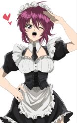  1girl ahoge apron black_corset corset frilled_apron frills gundam gundam_seed gundam_seed_destiny hand_on_own_hip heart highres lunamaria_hawke maid maid_apron maid_headdress necktie nu1h5 one_eye_closed open_mouth red_hair salute short_hair violet_eyes 