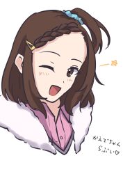  1girl blush brown_eyes brown_hair commentary_request eyelashes hair_ornament hairclip highres kaburagi_kaede medium_hair nakm_jpg one_eye_closed open_mouth simple_background smile solo star_(symbol) tiger_&amp;_bunny translation_request white_background 