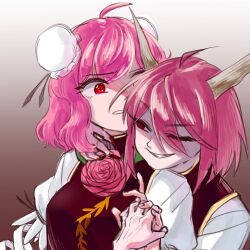  2girls bandaged_arm bandages breasts bun_cover commentary_request double_bun dual_persona flower gradient_background hair_bun highres holding_hands horns ibaraki_douji's_arm ibaraki_kasen korean_commentary large_breasts looking_at_another lovelobten multiple_girls one_eye_closed oni pink_eyes pink_hair puffy_sleeves red_eyes rose selfcest shirt short_hair short_sleeves smile tabard touhou white_shirt yuri 