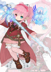  1girl absurdres ahoge aqua_eyes arm_belt artist_name ascot belt belt_buckle black_ascot blue_flower blue_rose boots bow braid brown_belt brown_boots buckle chest_harness closed_mouth coat commentary_request curly_sidelocks earrings final_fantasy final_fantasy_xiv floating floating_object flower frilled_coat frilled_sleeves frills full_body glowing glowing_weapon hair_bow hand_up harness heart heart_earrings heterochromia highres holding holding_sword holding_weapon jewelry knees_together_feet_apart lalafell lapels layered_skirt looking_at_viewer miniskirt multiple_belts pink_bow pink_hair pink_skirt pink_socks pointy_ears ponytail ponytail_with_braided_base puluie purple_ascot rapier red_coat red_eyes red_mage_(final_fantasy) rose short_hair sidelocks skirt smile socks solo standing standing_on_one_leg stopwatch striped_clothes striped_socks sword tailcoat thigh-highs twitter_username warrior_of_light_(ff14) weapon weapon_name winged_weapon zoom_layer 