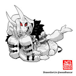  1girl artist_name black_sclera colored_sclera commentary_request extra_arms extra_eyes full_body hair_between_horns hood horns long_sleeves looking_at_viewer monster_girl original puffy_sleeves red_eyes shawn_ger_lin simple_background skin-covered_horns solo white_hair 