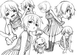  1girl absurdres angry bags_under_eyes black_eyes boots clenched_hand collarbone danny_cho double-parted_bangs dress fang from_above from_side furrowed_brow greyscale hands_on_own_face hands_up highres looking_at_viewer looking_to_the_side monochrome multiple_expressions multiple_views no_sclera open_mouth original short_hair sitting teeth tongue tongue_out upside-down v wariza white_background 