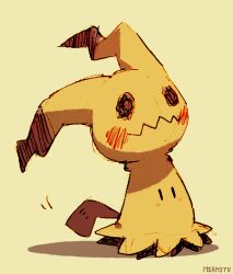  1other artist_name black_eyes blush drawn_eyes full_body ghost_type_theme_(pokemon) highres looking_afar miamitu mimikyu motion_lines no_humans pokemon pokemon_(creature) pokemon_focus simple_background sketch solid_oval_eyes solo warm_colored yellow_background 