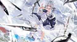  1girl apron black_shoes blue_dress blue_eyes bow braid commentary_request dress floating floating_object floating_weapon full_body green_bow grey_hair hair_bow highres izayoi_sakuya katana knife l.f. long_hair maid maid_headdress pointing sheath sheathed shoes sleeveless sleeveless_dress solo sword touhou twin_braids waist_apron weapon white_apron wrist_cuffs 