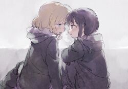  2girls ahoge black_gloves black_hair blonde_hair blue_eyes blush blush_stickers chito_(shoujo_shuumatsu_ryokou) coat face-to-face fur-trimmed_coat fur_trim gloves green_coat green_pants hood hooded_coat looking_at_another military_uniform multiple_girls open_mouth pants short_hair shoujo_shuumatsu_ryokou sidelocks simple_background sitting soto steam steam_from_mouth white_background yuri yuuri_(shoujo_shuumatsu_ryokou) 