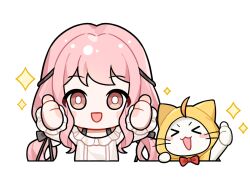  >_< 1girl ahoge animal artist_request black_bow black_ribbon blush_stickers bow bowtie bra_strap bright_pupils brown_eyes cat chibi cloak clothed_animal cropped_torso double_thumbs_up ear_covers eyes_visible_through_hair frilled_shirt frilled_sleeves frills hair_bow hair_ribbon hood hood_up hooded_cloak infinity_nikki long_hair long_sleeves looking_at_viewer low_twintails momo_(nikki) nikki_(nikki) nikki_(series) off-shoulder_shirt off_shoulder official_art open_mouth perfect_start_(infinity_nikki) pink_hair puffy_long_sleeves puffy_sleeves red_bow red_bowtie ribbon shirt sidelocks sleeves_past_wrists smile sparkle sticker_(medium) straight-on tareme thumbs_up traditional_bowtie transparent_background tress_ribbon twintails v-shaped_eyebrows very_long_hair wavy_hair whiskers white_cat white_pupils white_shirt yellow_cloak 