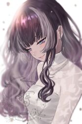  1girl black_hair blue_eyes blunt_bangs blush breasts collared_dress commentary_request dress grey_hair grey_streaks highres hime_cut hololive hololive_dev_is jewelry juufuutei_raden lace lace_sleeves lipstick long_hair looking_down makeup medium_breasts multicolored_eyes multicolored_hair necklace pearl_necklace pink_lips smile solo sparrow_ame streaked_hair two-tone_hair violet_eyes virtual_youtuber watermark wavy_hair white_background white_dress 