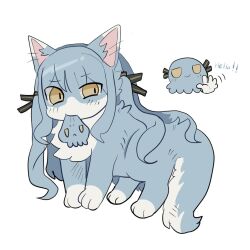  1girl animal ave_mujica_(bang_dream!) bang_dream! bang_dream!_it's_mygo!!!!! black_ribbon blue_fur cat commentary ribbon squid togawa_sakiko waving white_background xxc1010 yellow_eyes 