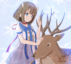  1girl animal antlers blue_collar blue_eyes blush brown_hair choker collar commentary_request deer deer_antlers dress horns kano_(utaite) kioripo_98 petting pink_ribbon purple_skirt red_choker red_ribbon ribbon sailor_dress shirt short_hair skirt smile snowflake_background solo white_shirt 