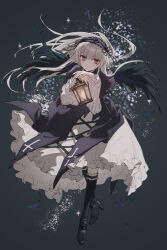  1girl black_dress black_flower black_ribbon black_rose blunt_bangs cross dress feathered_wings feathers flower footwear_flower frilled_dress frilled_sleeves frills full_body gothic_lolita headdress high_heels hime_cut holding holding_lantern juliet_sleeves lantern layered_dress lolita_fashion long_hair long_sleeves own_hands_together pale_skin puffy_sleeves red_eyes ribbon rose rozen_maiden shapeshift_(6cbr2d) sleeve_ribbon smile solo suigintou white_hair wide_sleeves wings 