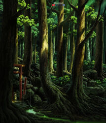  absurdres artist_name artstation_logo banner boulder branch bush day facebook_logo forest highres nature no_humans original outdoors plant_roots scenery sicuvn stairs studio_ghibli_(style) sunlight torii tree water youtube_logo 