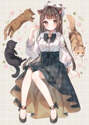  1girl animal_ear_fluff animal_ears animal_hat ankle_bell ankle_ribbon arm_at_side bell black_cat black_ribbon black_shoes black_skirt blush brown_eyes brown_hair cat cat_ears cat_girl cat_hat cat_tail checkered_clothes checkered_skirt collar collared_shirt commentary_request commission cross-laced_clothes cross-laced_sleeves curled_fingers fingernails fish_skeleton_hair_ornament floral_print frilled_shirt frills grid_background hair_ornament hairclip hand_up hat heripiro high-waist_skirt high_heels highres jingle_bell leg_ribbon long_hair long_sleeves looking_at_viewer multiple_cats neck_bell neck_ribbon orange_cat original parallel_hairclips parted_lips paw_print ribbon shirt shoes sidelocks skeb_commission skirt slit_pupils solo_focus tail white_collar white_shirt white_sleeves 