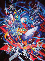  1girl blue_boots blue_eyes blue_flower blue_hair blue_kimono boots character_request closed_mouth commentary_request duel_masters flower japanese_clothes kimono long_hair long_sleeves mika_pikazo obi official_art pale_skin red_flower sash short_kimono smile snowflakes solo very_long_hair yellow_flower 