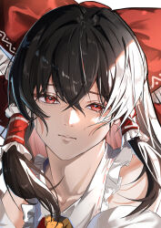  1girl absurdres ascot bow brown_hair closed_mouth commentary detached_sleeves frilled_bow frilled_hair_tubes frills hair_bow hair_tubes hakurei_reimu highres long_hair looking_at_viewer portrait rebel_i red_bow red_eyes solo touhou yellow_ascot 