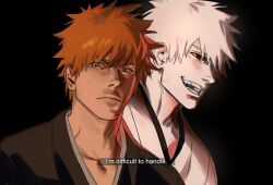  2boys black_background black_sclera bleach brown_eyes closed_mouth colored_sclera commentary darkinbow dual_persona english_commentary highres hollow_ichigo kurosaki_ichigo looking_at_viewer male_focus multiple_boys open_mouth orange_hair shihakusho short_hair simple_background teeth white_hair yellow_eyes 