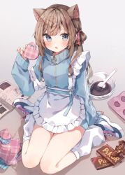  1girl animal_ear_fluff animal_ears apron arm_at_side blue_eyes blue_sleeves blue_track_suit book brown_hair candy cat_ears cat_girl chocolate chocolate_bar chocolate_mold commentary commission cookbook english_commentary fingernails food frilled_apron frills full_body gradient_background hair_ornament hair_ribbon hairclip heart heart-shaped_chocolate heart-shaped_food heart_zipper heripiro highres holding holding_chocolate holding_food jersey_maid ladle leg_warmers long_hair long_sidelocks long_sleeves looking_at_viewer maid maid_apron mold multicolored_nails original pink_ribbon ribbon shoes sidelocks simple_background sitting skeb_commission sneakers solo track_suit unconventional_maid wariza white_apron white_background white_leg_warmers zipper 
