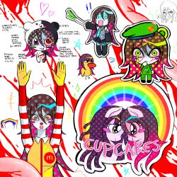  1girl anami_saki animalization bear_girl bird blood bloody_background blush clown_nose cosplay cupcakes_(my_little_pony) danganronpa_(series) danganronpa_2:_goodbye_despair dog_tags duck duck_(the_duck_song) eggydgrp flippy_(happy_tree_friends) flippy_(happy_tree_friends)_(cosplay) food green_eyes guro hachune_miku hachune_miku_(cosplay) happy_tree_friends hatsune_miku heart highres holding holding_food holding_spring_onion holding_vegetable horse injury mcdonald's meme military_uniform mismatched_eyes monokuma monokuma_(cosplay) my_little_pony my_little_pony:_friendship_is_magic organs original person_and_animalization rainbow ronald_mcdonald ronald_mcdonald_(cosplay) sketch spring_onion the_duck_song tsumiki_mikan vegetable vomiting white_background 