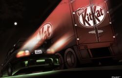  1nkdax 2026_kitkat_heist box_truck car full_moon highres kitkat moon motor_vehicle night no_humans original outdoors semi_truck spoiler_(automobile) sports_car trailer truck 