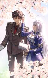  1boy 1girl 86_-eightysix- belt colored_eyelashes couple ffffff210x297 hair_between_eyes high-waist_skirt highres jacket military military_jacket military_rank_insignia military_uniform scar scar_on_neck shinei_nouzen skirt vladilena_millize white_belt 
