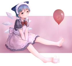  1girl apron balloon barefoot blue_bow blue_hair blush bow bowtie cirno closed_mouth commentary detached_wings dress english_commentary enmaided hair_bow highres ice ice_wings looking_at_viewer maid maid_apron maid_headdress puffy_short_sleeves puffy_sleeves red_bow red_bowtie short_hair short_sleeves sitting soles solo textless_version toes touhou vapor_bottle_(pixiv_101375057) white_apron wings yellow_eyes 