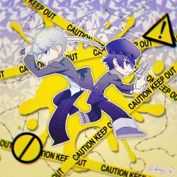  1boy 1girl barbed_wire black_jacket black_pants blue_hair caution_tape chromatic_aberration closed_mouth commentary_request crossdressing crossdressing_(ftm) dmyy_naotoyu27 from_side full_body grey_hair gun hat highres holding holding_gun holding_sword holding_weapon jacket long_sleeves narukami_yu newsboy_cap open_clothes open_jacket pants persona persona_4 reverse_trap revolver school_uniform shirogane_naoto shirt short_hair signature sword weapon white_shirt yasogami_school_uniform 