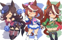  3girls aiguillette animal_ears ascot asymmetrical_gloves bare_shoulders black_thighhighs blue_dress blue_eyes blue_flower blue_hat blue_rose blush boots brown_hair buttons cape chibi closed_eyes closed_mouth dagger double-breasted dress ear_ribbon earrings epaulettes flipped_hair flower fur_choker gloves green_jacket green_skirt grin hair_between_eyes hair_over_one_eye hat hat_flower horse_ears horse_girl horse_tail interlocked_fingers jacket jellcaps jewelry knife long_hair long_sleeves looking_at_viewer medal middle_w mismatched_gloves multicolored_hair multicolored_jacket multiple_girls off-shoulder_dress off_shoulder one_eye_closed open_mouth own_hands_clasped own_hands_together pink_ascot ponytail red_cape rice_shower_(rosy_dreams)_(umamusume) rice_shower_(umamusume) rose sheath sheathed shoes side_cape single_earring single_epaulette single_hair_streak skirt smile streaked_hair symboli_rudolf_(emperor's_path)_(umamusume) symboli_rudolf_(umamusume) tail teeth thigh-highs tilted_headwear tokai_teio_(peak_joy)_(umamusume) tokai_teio_(umamusume) two-tone_jacket two-tone_skirt umamusume violet_eyes w weapon white_ascot white_boots white_gloves white_hair white_jacket white_skirt white_streaks 