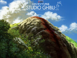  absurdres artist_name artstation_logo blue_flower blue_sky boulder bush clouds day english_text facebook_logo flower grass highres hill orange_flower original outdoors painterly pink_flower scenery sicuvn sky sunlight white_flower youtube_logo 