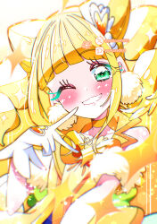  1girl absurdres artist_name backlighting blonde_hair blurry bow bowtie choker commentary cone_hair_bun cure_sparkle double_bun dress earrings fur-trimmed_jacket fur_trim gloves green_eyes grin hair_bun hair_ornament healin'_good_precure heart heart_hair_ornament highres hiramitsu_hinata jacket jewelry light_particles looking_at_viewer magical_girl medium_hair one_eye_closed orange_bow orange_bowtie pixiv_logo pixiv_username pom_pom_(clothes) pom_pom_earrings potacure precure short_sleeves signature smile solo sparkle twintails twitter_username twitter_x_logo upper_body v white_gloves yellow_choker yellow_dress yellow_jacket yellow_theme 