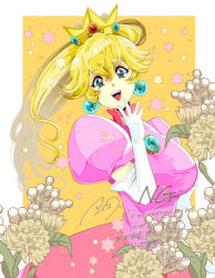  1girl aikosu_(icos) aqua_eyes blonde_hair border breasts chest_jewel commentary_request crown dress earrings elbow_gloves flower food fruit gloves hair_between_eyes hand_to_own_mouth jewelry large_breasts long_hair looking_at_viewer open_mouth orange_background peach pink_dress ponytail princess_peach puffy_short_sleeves puffy_sleeves short_sleeves smile solo super_mario_bros. twitter_username urushihara_satoshi_(style) white_border white_gloves 