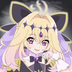  1girl :3 :d absurdres antenna_hair black_background black_bow black_bowtie black_capelet black_dress black_theme blonde_hair blush bow bow_earrings bowtie braid brooch capelet commentary crossed_bangs cure_arcana_shadow curled_fingers diamond_hairband dress earrings english_commentary fingernails forehead_jewel frilled_capelet frills gem gold_trim gradient_hair hair_between_eyes hair_bow hair_intakes hairband half_up_braid hand_up heart heart_brooch heart_in_eye highres irahysa jewelry long_hair looking_at_viewer magical_girl meitantei_precure! moria_luluka multicolored_hair nail_polish open_mouth outline pink_eyes portrait precure purple_gem purple_nails purple_veil sleeveless sleeveless_dress smile solo symbol_in_eye twitter_username two-tone_hair veil very_long_hair white_outline white_wrist_cuffs wrist_cuffs 