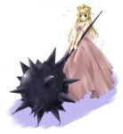  dress huge_weapon long_hair mace pointy_ears strapless_dress weapon 