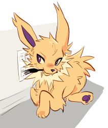  electrical_outlet fork highres izzypaw jolteon no_humans pawpads pokemon pokemon_(creature) utensil_in_mouth yellow_fur 