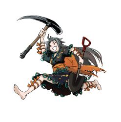  1girl arm_ribbon barefoot black_shirt black_skirt closed_eyes commentary_request dual_wielding fang full_body grey_hair haruaki_(onkai_planaria) highres himemushi_momoyo holding holding_pickaxe holding_shovel long_hair open_mouth pickaxe ribbon running shirt short_sleeves shovel simple_background skirt smile soles solo touhou white_background 