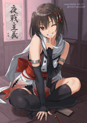  1girl ;) asymmetrical_legwear black_gloves black_socks black_thighhighs brown_eyes brown_hair commentary_request commission elbow_gloves fingerless_gloves fishnets gloves hair_ornament indian_style indoors kantai_collection kneehighs looking_at_viewer one_eye_closed parted_lips scarf school_uniform sendai_(kancolle) sendai_kai_ni_(kancolle) serafuku shirt short_hair sitting skeb_commission skirt sleeveless sleeveless_shirt smile socks solo tantaka thigh-highs two_side_up uneven_legwear white_scarf 